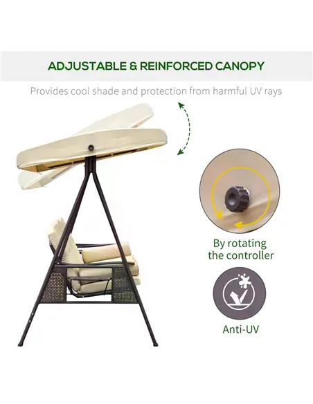 Outsunny Swing Chair Hammock Chair 3 Seater Canopy Cushion Shelter Outdoor Bench Steel Beige