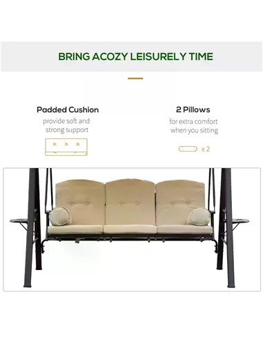 Outsunny Swing Chair Hammock Chair 3 Seater Canopy Cushion Shelter Outdoor Bench Steel Beige