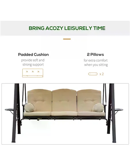 Outsunny Swing Chair Hammock Chair 3 Seater Canopy Cushion Shelter Outdoor Bench Steel Beige