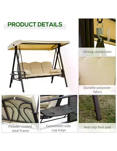 Outsunny Swing Chair Hammock Chair 3 Seater Canopy Cushion Shelter Outdoor Bench Steel Beige