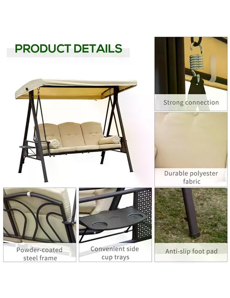 Outsunny Swing Chair Hammock Chair 3 Seater Canopy Cushion Shelter Outdoor Bench Steel Beige