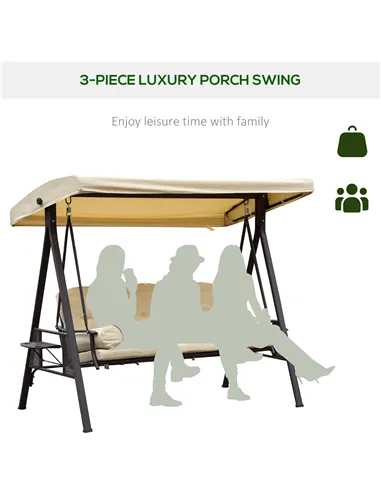 Outsunny Swing Chair Hammock Chair 3 Seater Canopy Cushion Shelter Outdoor Bench Steel Beige