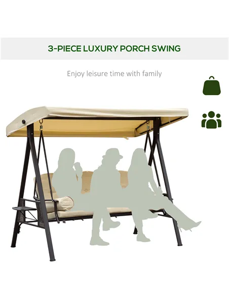 Outsunny Swing Chair Hammock Chair 3 Seater Canopy Cushion Shelter Outdoor Bench Steel Beige