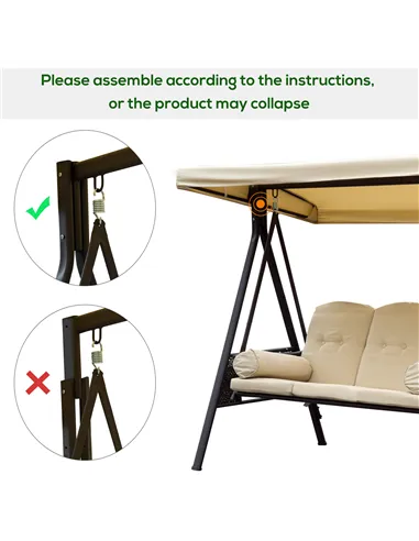 Outsunny Swing Chair Hammock Chair 3 Seater Canopy Cushion Shelter Outdoor Bench Steel Beige