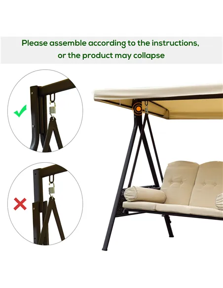 Outsunny Swing Chair Hammock Chair 3 Seater Canopy Cushion Shelter Outdoor Bench Steel Beige