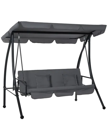 Outsunny Outdoor 2-in-1 Swing Chair Lounger 3 Seater Garden Swing Seat Bed Convertible Tilt Canopy W/ Cushion, Dark Grey
