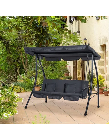 Outsunny Outdoor 2-in-1 Swing Chair Lounger 3 Seater Garden Swing Seat Bed Convertible Tilt Canopy W/ Cushion, Dark Grey