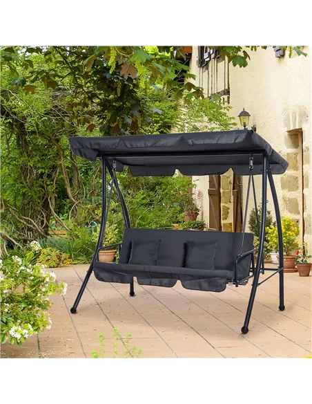 Outsunny Outdoor 2-in-1 Swing Chair Lounger 3 Seater Garden Swing Seat Bed Convertible Tilt Canopy W/ Cushion, Dark Grey