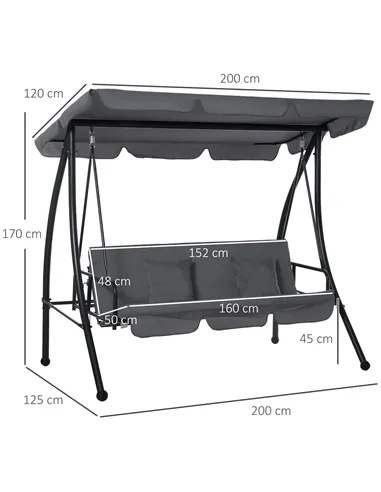 Outsunny Outdoor 2-in-1 Swing Chair Lounger 3 Seater Garden Swing Seat Bed Convertible Tilt Canopy W/ Cushion, Dark Grey
