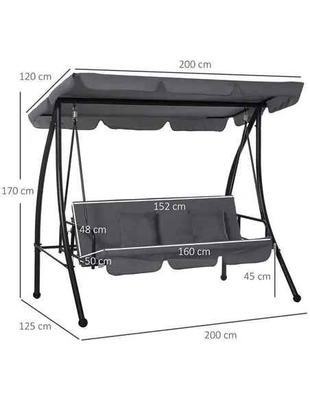 Outsunny Outdoor 2-in-1 Swing Chair Lounger 3 Seater Garden Swing Seat Bed Convertible Tilt Canopy W/ Cushion, Dark Grey