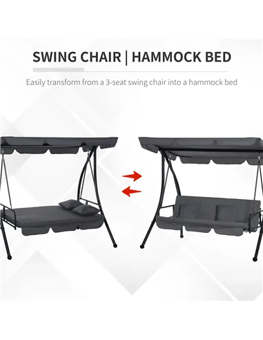 Outsunny Outdoor 2-in-1 Swing Chair Lounger 3 Seater Garden Swing Seat Bed Convertible Tilt Canopy W/ Cushion, Dark Grey