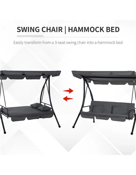 Outsunny Outdoor 2-in-1 Swing Chair Lounger 3 Seater Garden Swing Seat Bed Convertible Tilt Canopy W/ Cushion, Dark Grey