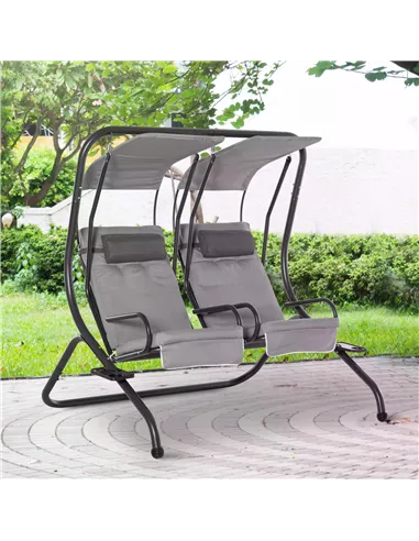 Outsunny Canopy Swing 2 Separate Relax Chairs w/ Handrails and Removable Canopy Grey
