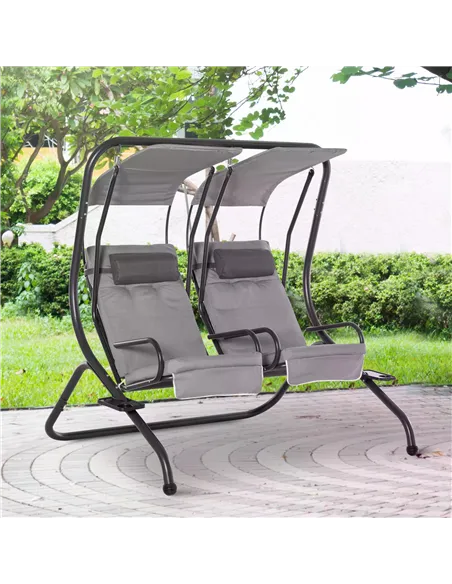 Outsunny Canopy Swing 2 Separate Relax Chairs w/ Handrails and Removable Canopy Grey
