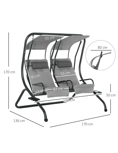 Outsunny Canopy Swing 2 Separate Relax Chairs w/ Handrails and Removable Canopy Grey