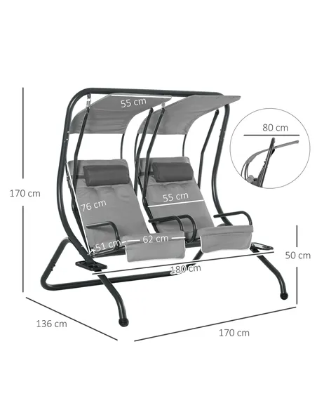 Outsunny Canopy Swing 2 Separate Relax Chairs w/ Handrails and Removable Canopy Grey