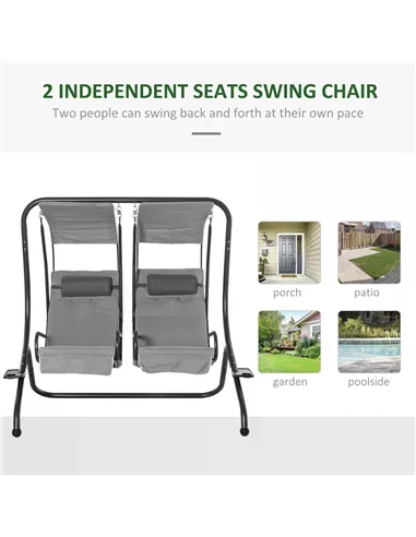 Outsunny Canopy Swing 2 Separate Relax Chairs w/ Handrails and Removable Canopy Grey