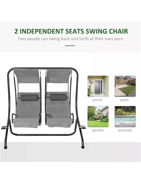 Outsunny Canopy Swing 2 Separate Relax Chairs w/ Handrails and Removable Canopy Grey