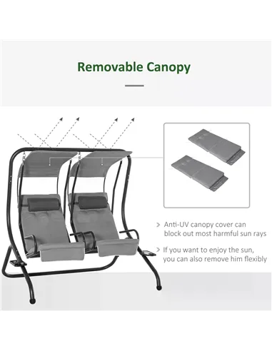Outsunny Canopy Swing 2 Separate Relax Chairs w/ Handrails and Removable Canopy Grey
