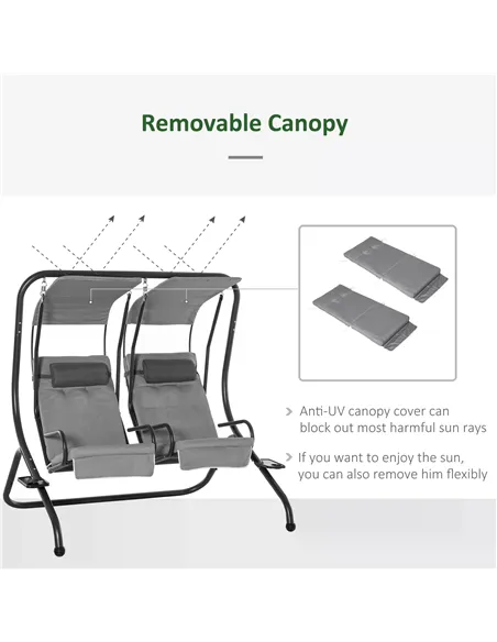 Outsunny Canopy Swing 2 Separate Relax Chairs w/ Handrails and Removable Canopy Grey