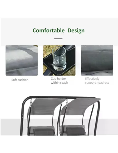 Outsunny Canopy Swing 2 Separate Relax Chairs w/ Handrails and Removable Canopy Grey