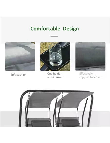 Outsunny Canopy Swing 2 Separate Relax Chairs w/ Handrails and Removable Canopy Grey