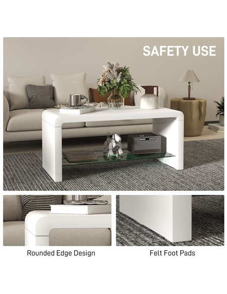 HOMCOM Curved Two-Tier Coffee Table - High Gloss White