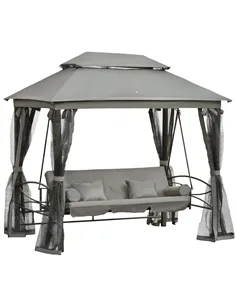 Outsunny 3 Seater Swing Chair 3-in-1 Convertible Garden Swing Seat Bed Gazebo Patio Bench Outdoor with Double Tier Canopy, Cushi