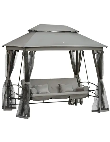 Outsunny 3 Seater Swing Chair 3-in-1 Convertible Garden Swing Seat Bed Gazebo Patio Bench Outdoor with Double Tier Canopy, Cushi