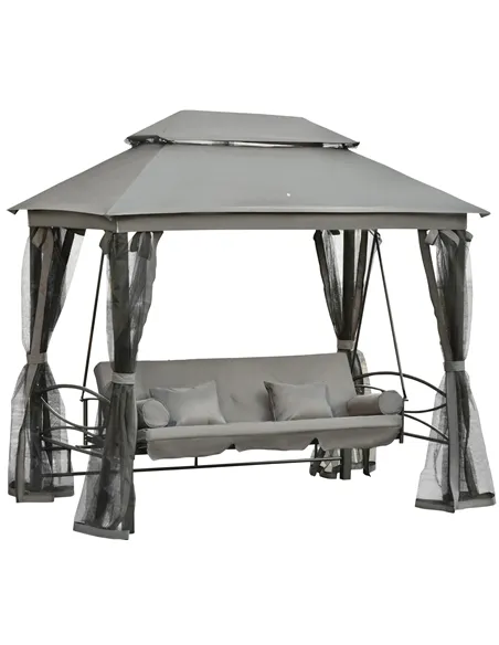 Outsunny 3 Seater Swing Chair 3-in-1 Convertible Garden Swing Seat Bed Gazebo Patio Bench Outdoor with Double Tier Canopy, Cushi