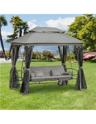 Outsunny 3 Seater Swing Chair 3-in-1 Convertible Garden Swing Seat Bed Gazebo Patio Bench Outdoor with Double Tier Canopy, Cushi