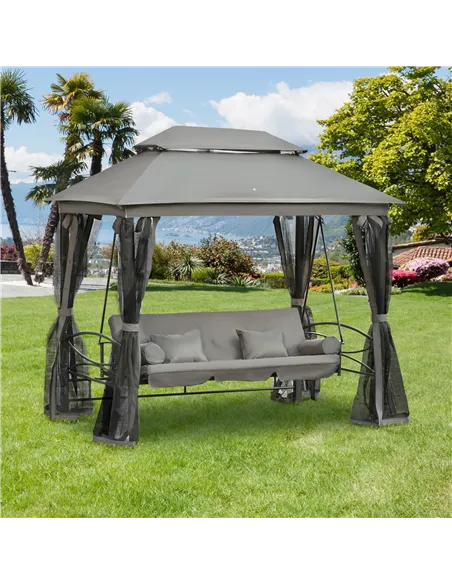 Outsunny 3 Seater Swing Chair 3-in-1 Convertible Garden Swing Seat Bed Gazebo Patio Bench Outdoor with Double Tier Canopy, Cushi