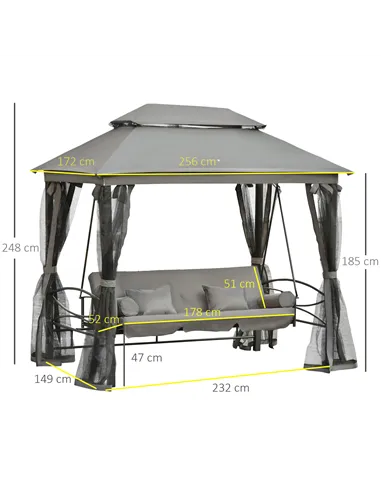 Outsunny 3 Seater Swing Chair 3-in-1 Convertible Garden Swing Seat Bed Gazebo Patio Bench Outdoor with Double Tier Canopy, Cushi