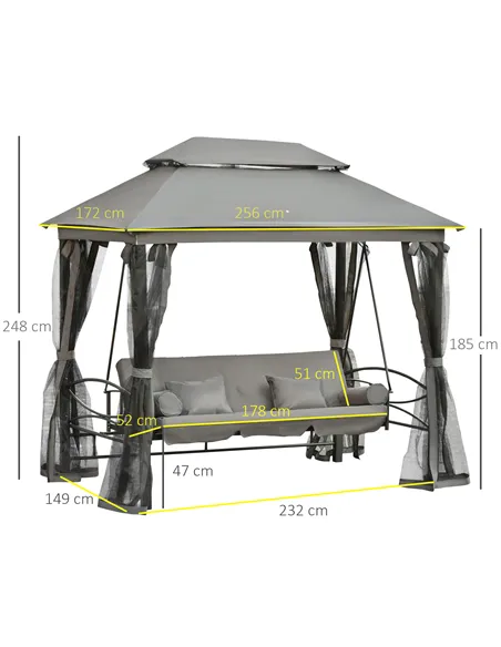 Outsunny 3 Seater Swing Chair 3-in-1 Convertible Garden Swing Seat Bed Gazebo Patio Bench Outdoor with Double Tier Canopy, Cushi