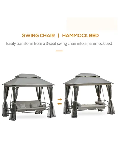 Outsunny 3 Seater Swing Chair 3-in-1 Convertible Garden Swing Seat Bed Gazebo Patio Bench Outdoor with Double Tier Canopy, Cushi