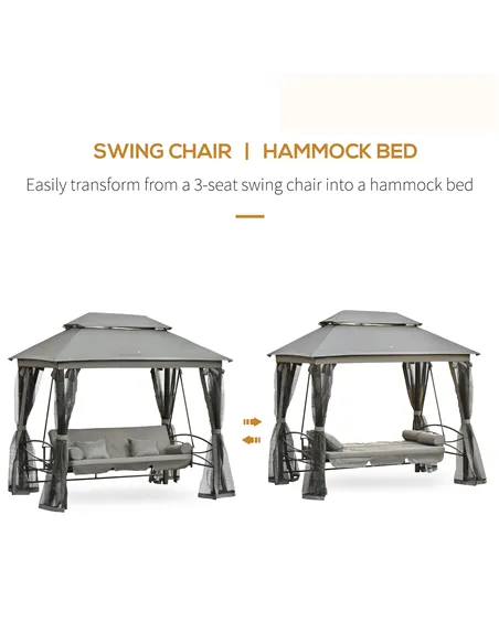 Outsunny 3 Seater Swing Chair 3-in-1 Convertible Garden Swing Seat Bed Gazebo Patio Bench Outdoor with Double Tier Canopy, Cushi