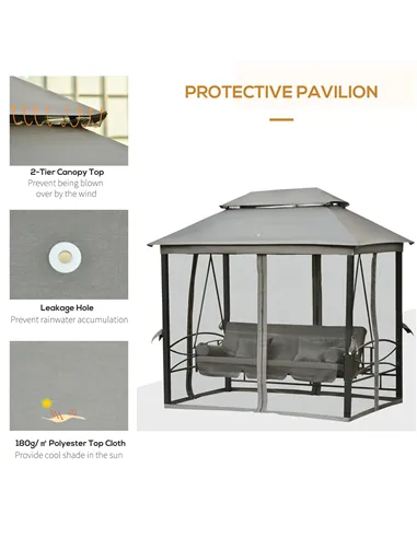 Outsunny 3 Seater Swing Chair 3-in-1 Convertible Garden Swing Seat Bed Gazebo Patio Bench Outdoor with Double Tier Canopy, Cushi