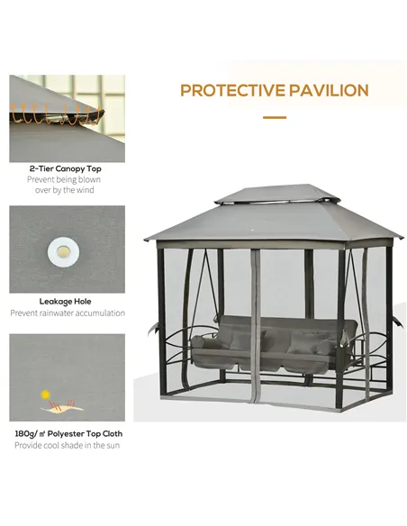 Outsunny 3 Seater Swing Chair 3-in-1 Convertible Garden Swing Seat Bed Gazebo Patio Bench Outdoor with Double Tier Canopy, Cushi