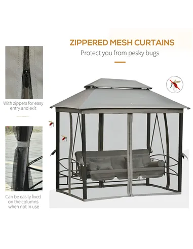 Outsunny 3 Seater Swing Chair 3-in-1 Convertible Garden Swing Seat Bed Gazebo Patio Bench Outdoor with Double Tier Canopy, Cushi