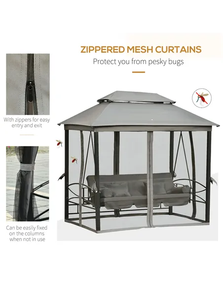 Outsunny 3 Seater Swing Chair 3-in-1 Convertible Garden Swing Seat Bed Gazebo Patio Bench Outdoor with Double Tier Canopy, Cushi