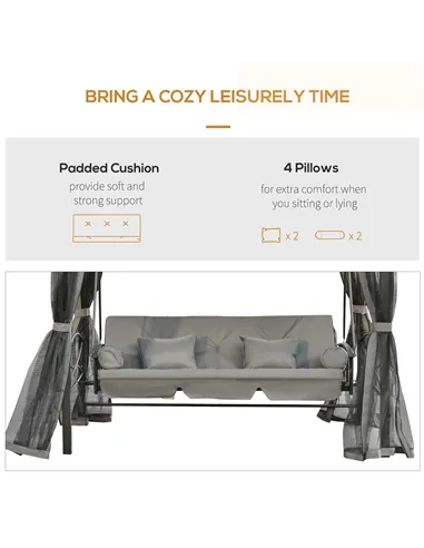 Outsunny 3 Seater Swing Chair 3-in-1 Convertible Garden Swing Seat Bed Gazebo Patio Bench Outdoor with Double Tier Canopy, Cushi