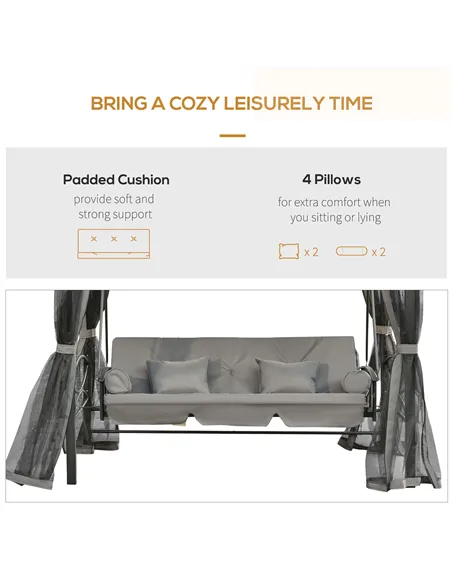 Outsunny 3 Seater Swing Chair 3-in-1 Convertible Garden Swing Seat Bed Gazebo Patio Bench Outdoor with Double Tier Canopy, Cushi