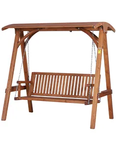 Outsunny 3 Seater Garden Swing Seat Wooden Swing Chair Hammock Bench Lounger with Canopy, Natural