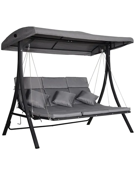 Outsunny 3 Seater Garden Swing Seat Outdoor Swing Chairs Chaise Lounge Padded Seat Hammock Canopy Porch Patio Bench Bed Recliner