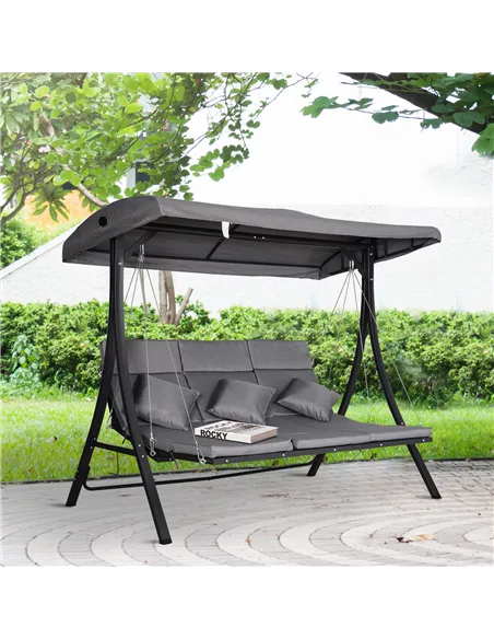 Outsunny 3 Seater Garden Swing Seat Outdoor Swing Chairs Chaise Lounge Padded Seat Hammock Canopy Porch Patio Bench Bed Recliner