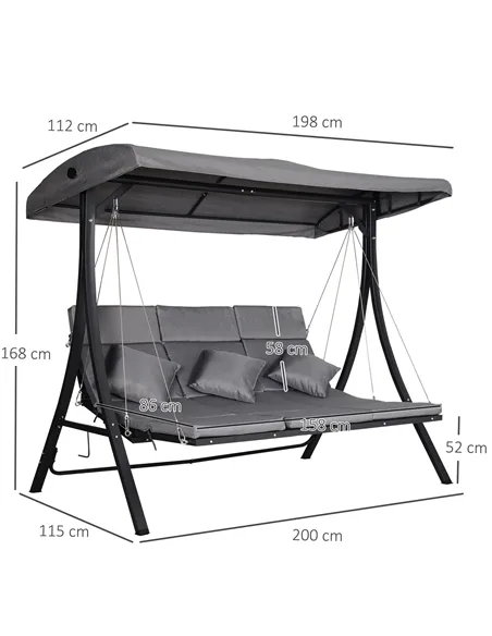 Outsunny 3 Seater Garden Swing Seat Outdoor Swing Chairs Chaise Lounge Padded Seat Hammock Canopy Porch Patio Bench Bed Recliner