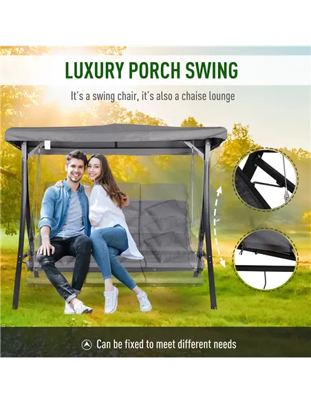 Outsunny 3 Seater Garden Swing Seat Outdoor Swing Chairs Chaise Lounge Padded Seat Hammock Canopy Porch Patio Bench Bed Recliner