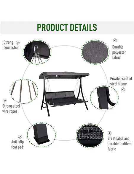 Outsunny 3 Seater Garden Swing Seat Outdoor Swing Chairs Chaise Lounge Padded Seat Hammock Canopy Porch Patio Bench Bed Recliner