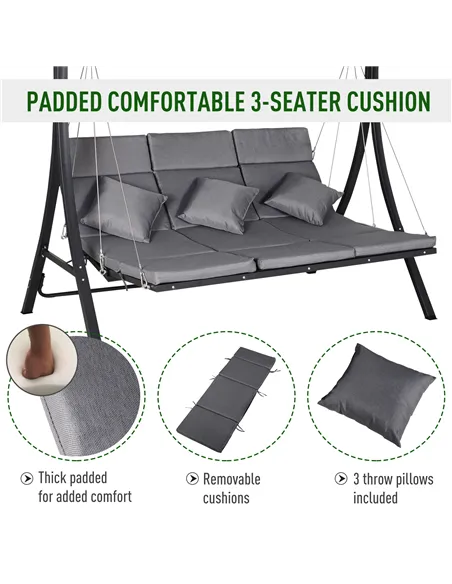 Outsunny 3 Seater Garden Swing Seat Outdoor Swing Chairs Chaise Lounge Padded Seat Hammock Canopy Porch Patio Bench Bed Recliner
