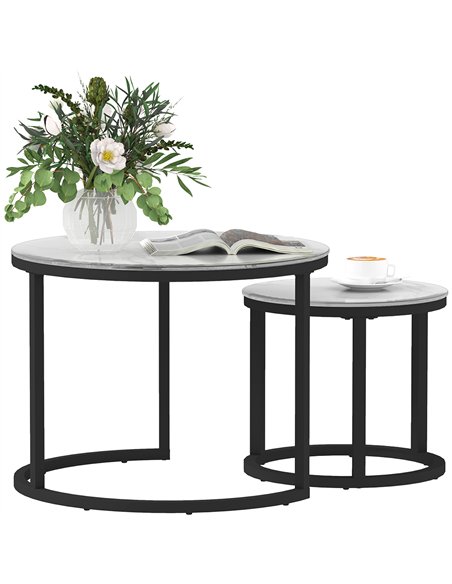 HOMCOM Glass Coffee Table Set of 2, Round Nest of Tables with Marble-Effect Tempered Glass Tabletop and Steel Frame, Modern Side